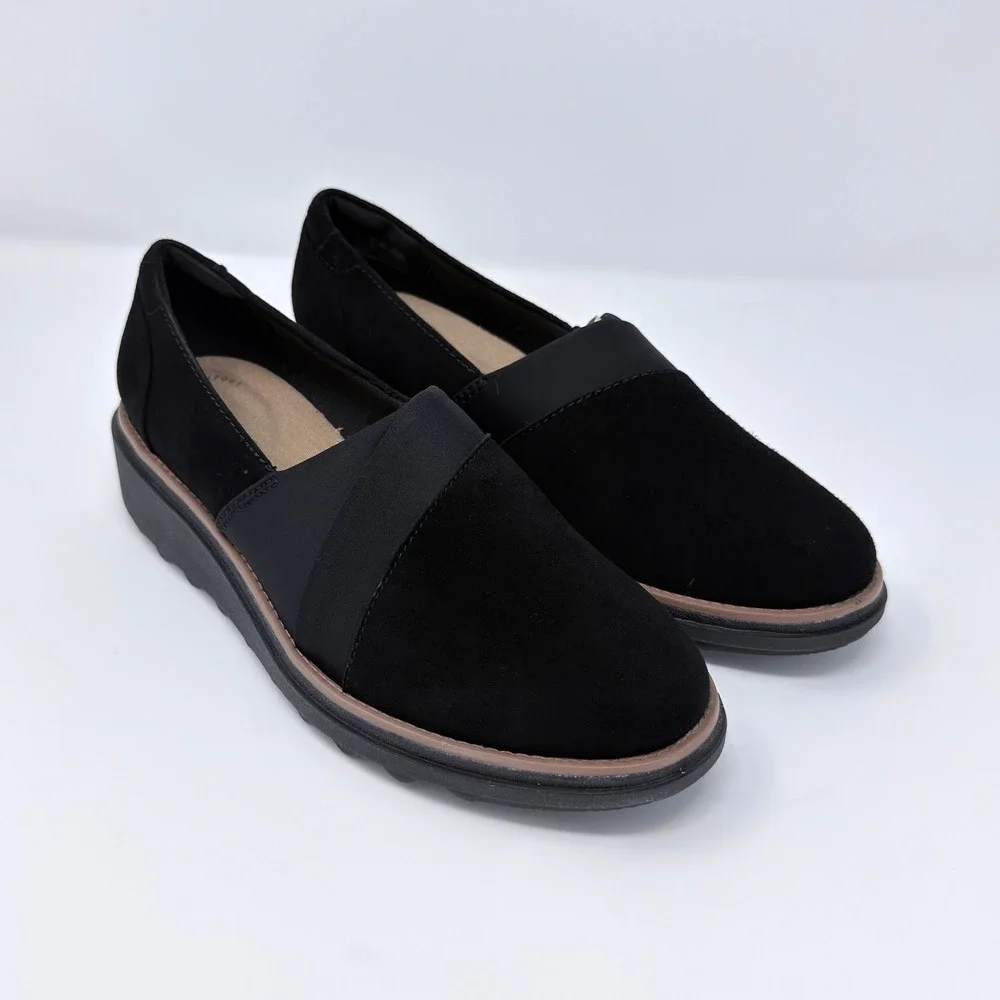 Clarks Sharon Pump Black Suede Wedge Loafers Womens 5.5M Slip On Shoes